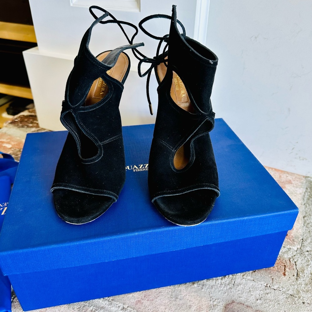 Aquazzura suede sandals in black, size 8.5